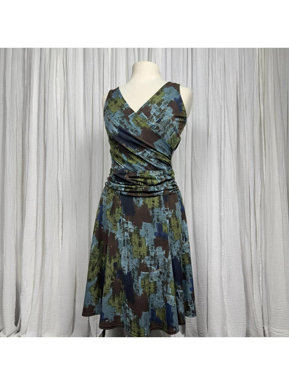 Earthy Boho Fall Fairy Abstract Pattern Sleeveless Ruched Midi Dress (S)